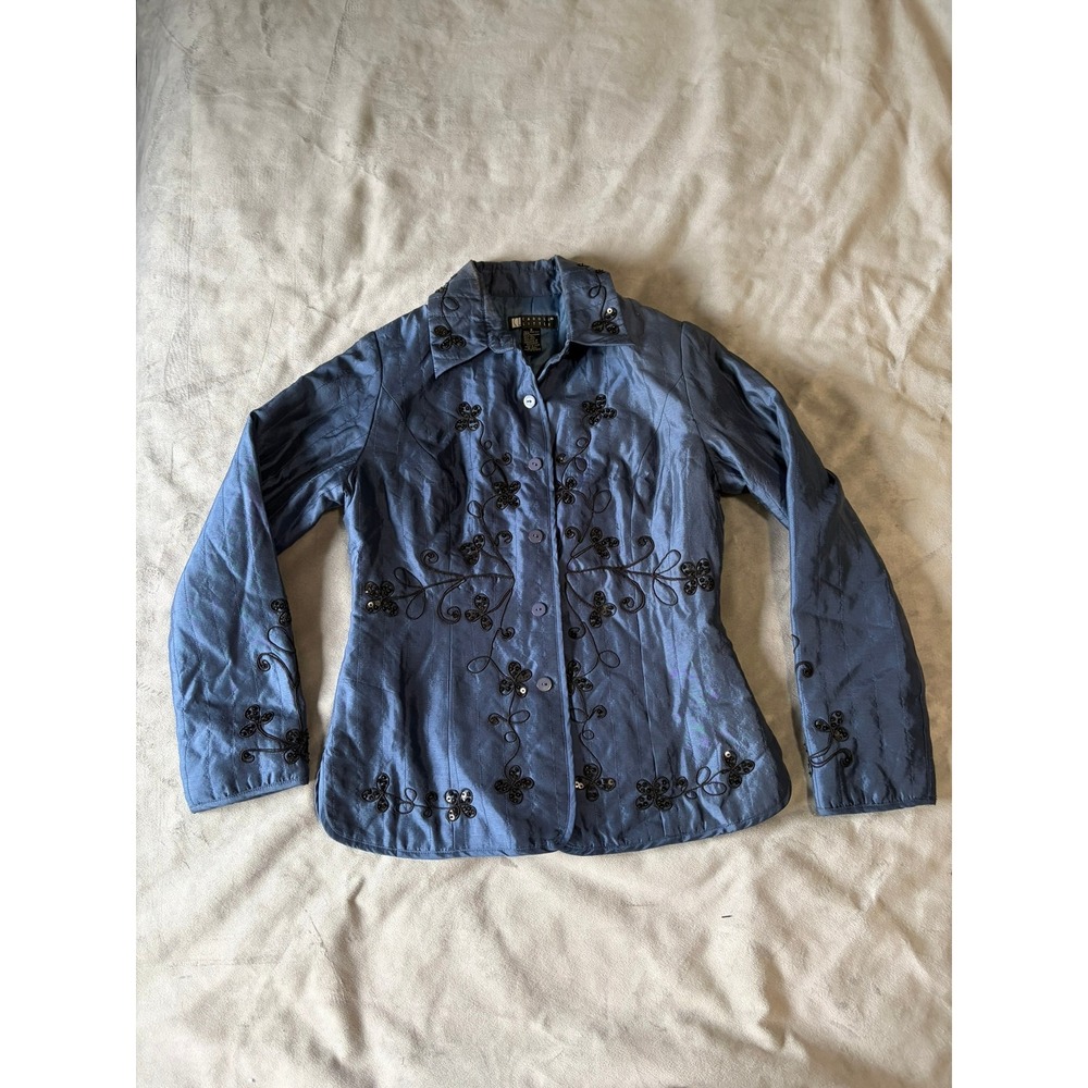 Carole Little Vintage Silk Quilted Jacket Blue Embroidered Sequin Floral Small